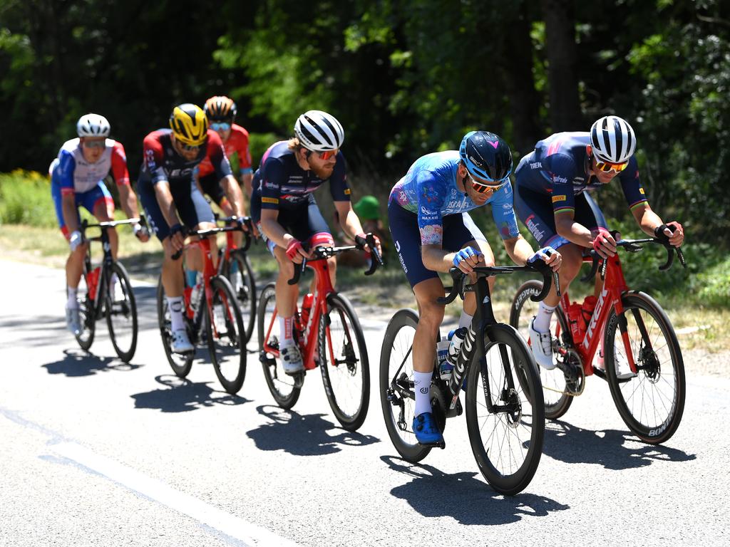 The cyclists sweat through 38C conditions as the Tour came out of the mountains. Picture: Alex Broadway/Getty Images