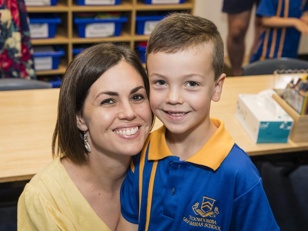 <span>Toowoomba Grammar School Prep student Mac Byrnes with mum Danica Byrnes on the first day of school, Tuesday, January 23, 2024. Picture: Kevin Farmer</span>