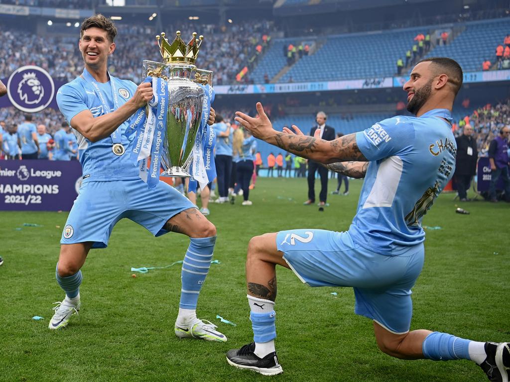 John Stones and Kyle Walker of Manchester City were all smiles after their winPicture: Michael Regan/Getty Images.