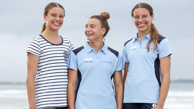 Surf lifesaving triplets, Emily, Alex, and Leah Rampoldi, 17, at North Cronulla Beach. Pic: Justin Lloyd.