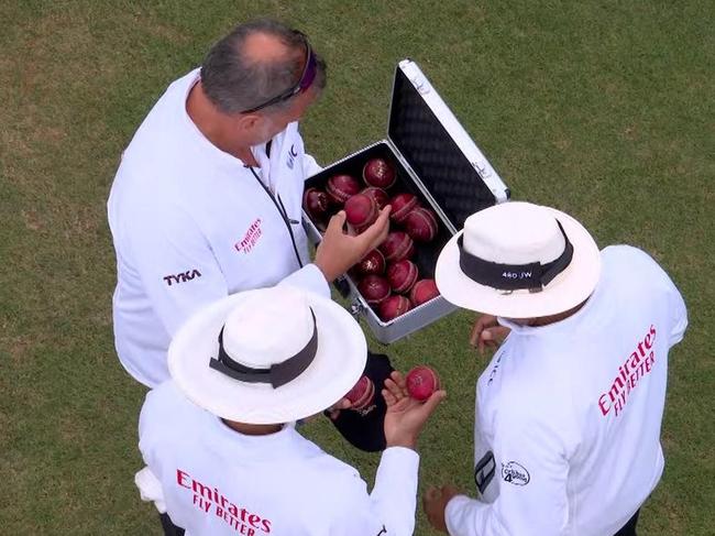 TV footage appears to show there were more appropriately aged balls umpires could have selected. Picture: Channel 9.