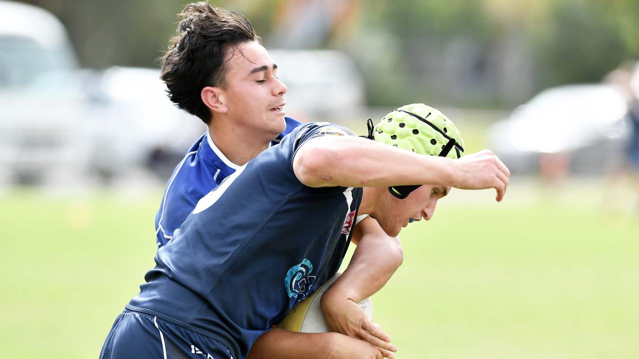 RUGBY LEAGUE: Justin Hodges and Chris Flannery 9s Gala Day. Grand final, Caloundra State High School V Redcliffe State High, year 12. Caloundra's Douglas Smell (green cap). Picture: Patrick Woods.