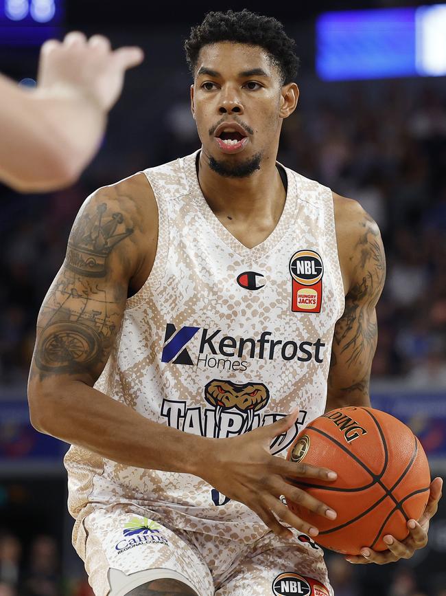 MELBOURNE, AUSTRALIA - OCTOBER 27: Dillon Stith of the Taipans looks to pass the ball during the round six NBL match between Melbourne United and Cairns Taipans at John Cain Arena, on October 27, 2024, in Melbourne, Australia. (Photo by Daniel Pockett/Getty Images)