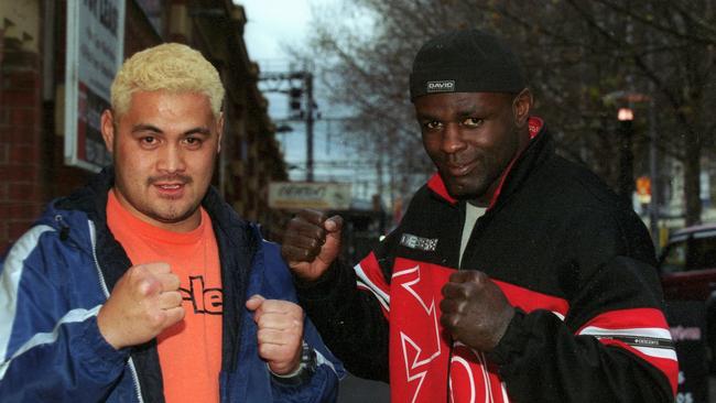 A young Mark Hunt (L) with the great Ernesto Hoost before the 2001 K-1 World Grand Prix. Picture: Peter Ward