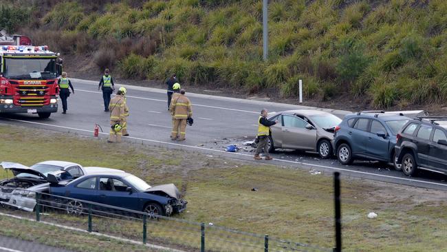 Cars involved in a multi-car pile up on the Mornington Peninsula Freeway this morning. Picture: Andrew Henshaw