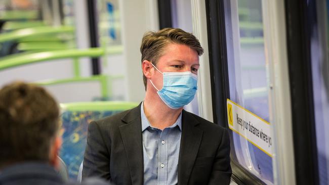 Public Transport Minister Ben Carroll catches the train. Picture: Darrian Traynor/NCA Newswire