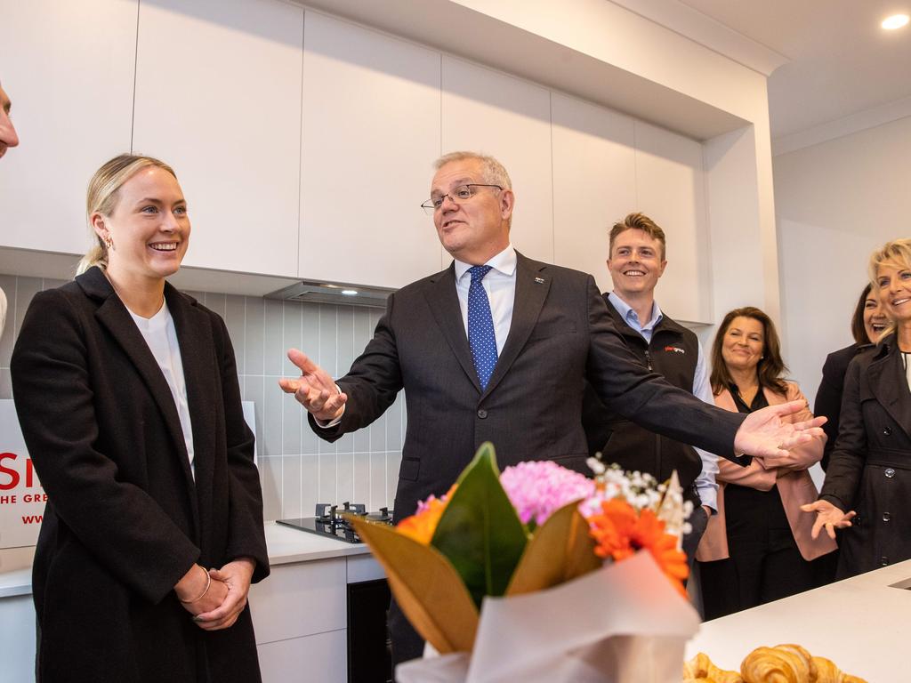 Prime Minister Scott Morrison and Jenny Morrison visit a housing site and speak to first home buyers. Picture: Jason Edwards