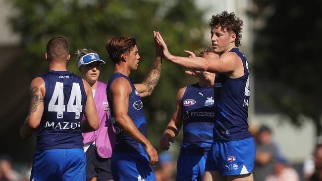 MELBOURNE, AUSTRALIA – FEBRUARY 21: Nick Larkey of the Kangaroos celebrates kicking a goal during an AFL practice match between North Melbourne Kangaroos and Collingwood Magpies at AIA Centre on February 21, 2024 in Melbourne, Australia. (Photo by Daniel Pockett/Getty Images)