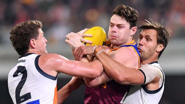 The Giants took a physical approach with Lachie Neale. Pic: AAP