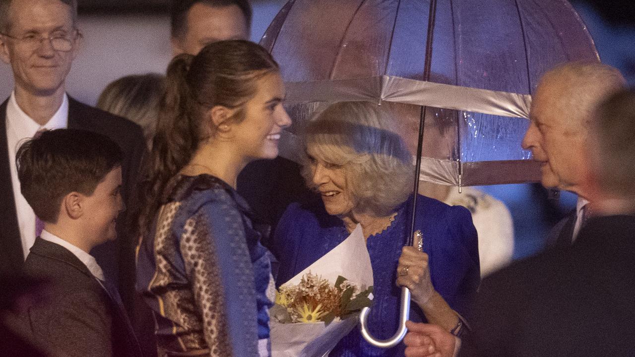 Ky and Charlotte Exelby were part of the official party to greet the King Queen. Charlotte had donated bone marrow to her younger brother. Picture: NewsWire / Jeremy Piper