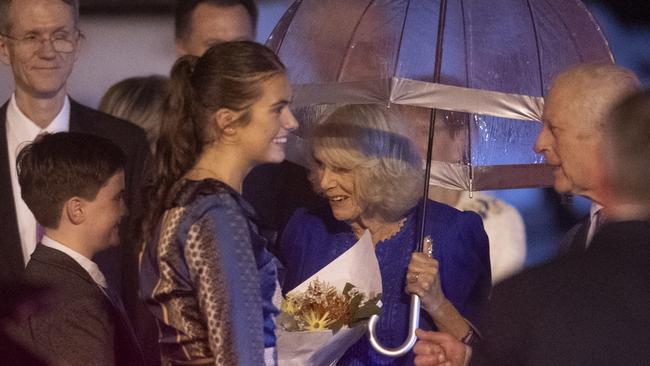 Ky and Charlotte Exelby were part of the official party to greet the King Queen. Charlotte had donated bone marrow to her younger brother. Picture: NewsWire / Jeremy Piper