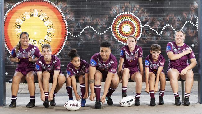 Lyric, Bailey, Ayjah, Axe, Emma, Cooper and Angel from Beenleigh SHS Titans Schools League posing at Beenleigh SHS at 40 Alamein St, Beenleigh, Brisbane 29th of April 2021. (News Corp/Attila Csaszar)