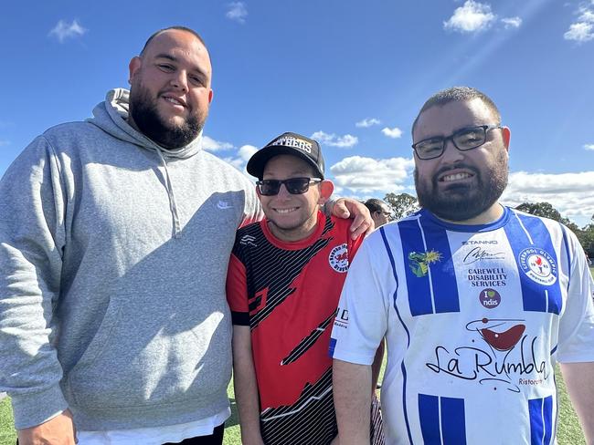 James Slender (centre) and Alex Reggio (right) participated in the Football4all gala at Valentine Sports Park while Marc Reggio (left) coached. Picture: Supplied