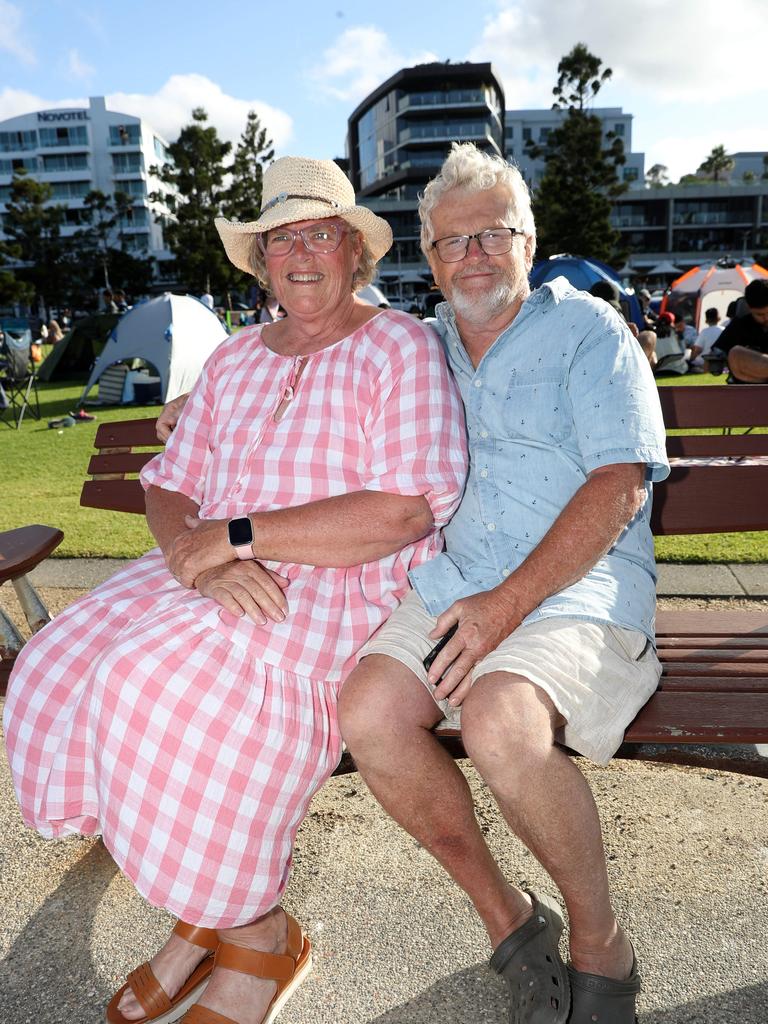 Helen Reeves and David Loney. Locals and visitors arrived early to get a good spot for the Geelong New Years Eve celebrations. Picture: Alan Barber