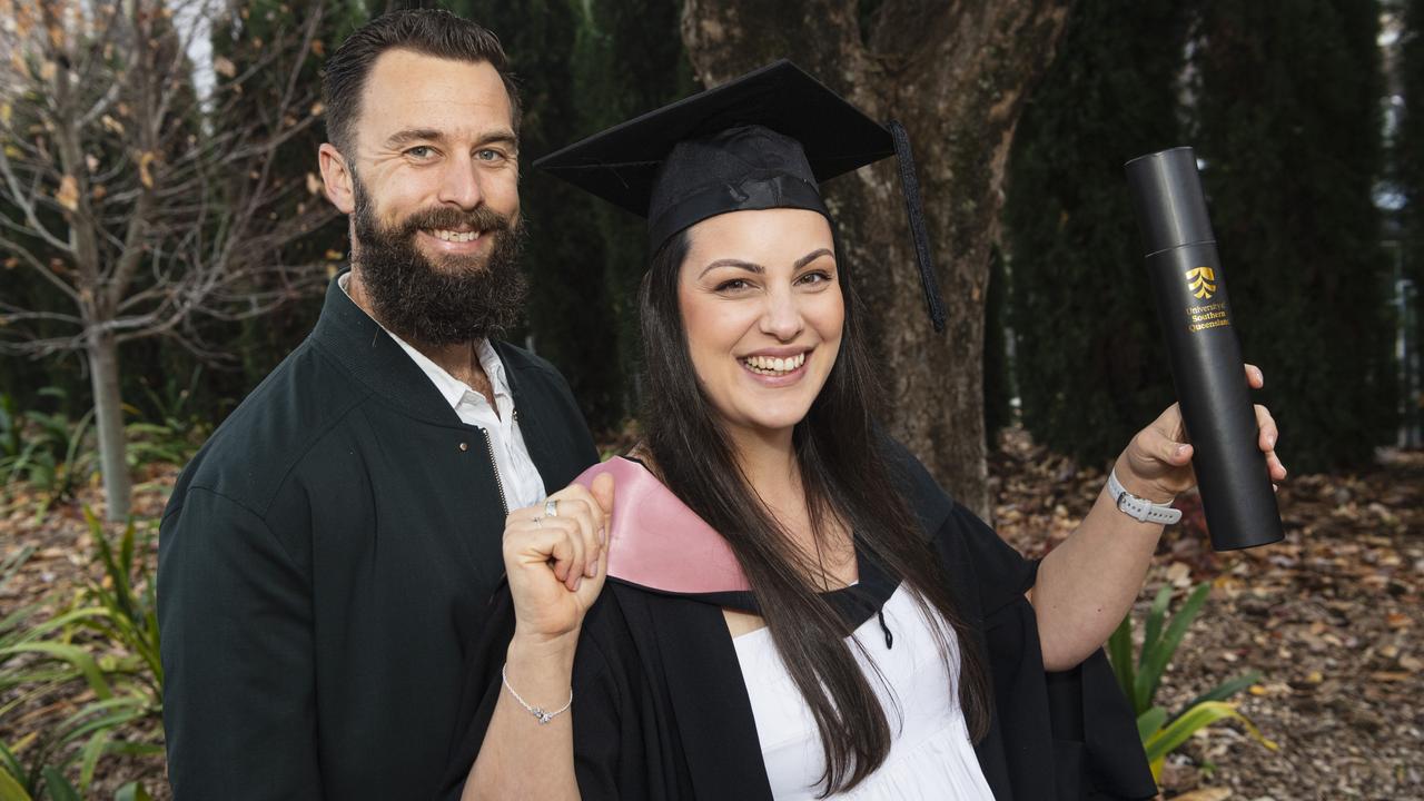 Bachelor of General Education Studies graduate Sarah Hay with Darren Burns at a UniSQ graduation ceremony at The Empire, Tuesday, June 25, 2024. Picture: Kevin Farmer