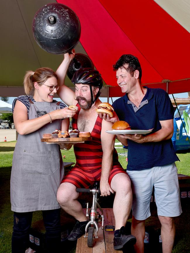 Perryman’s Bakery co-owner Kylie Schmidt and Oxford Hotel co-owner Grant Murray, with Goran Nataskavich from Bamboozled Productions Super Bikes.  Photo Naomi Jellicoe