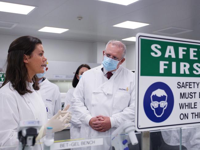 Prime Minister Scott Morrison meets with team member Savannah Alegre, Specialist Team Lead of the Microbiology Laboratory at AstraZeneca. Picture: Getty Images