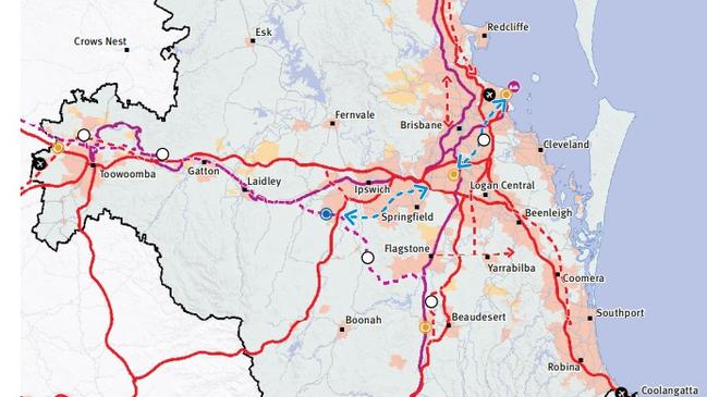 One of the latest maps from the SEQ Regional Transport Plan 2021 showing future passenger transport routes for 2041 in red and existing routes in purple.