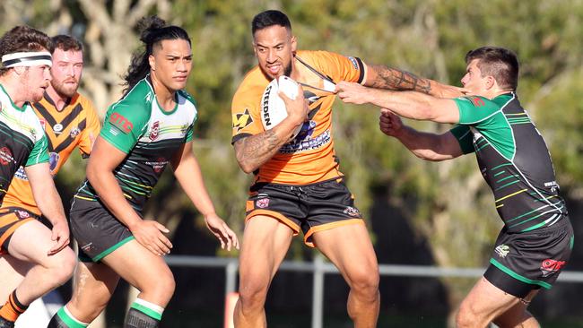 Rugby League Gold Coast (RLGC) A Grade clash between Helensvale Hornets (Green/Yellow) and Southport Tigers (Orange). Eni Folau. 20 June 2021 Helensvale Picture by Richard Gosling