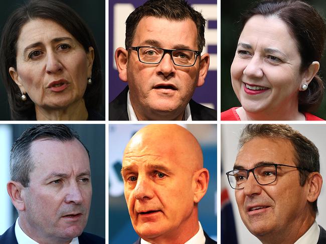 State Premiers (clockwise from top left) Gladys Berejiklian (NSW), Daniel Andrews (Victoria), Annastacia Palaszczuk (Queensland), Steven Marshall (South Australia), Peter Gutwein (Tasmania) and Mark McGowan (Western Australia).