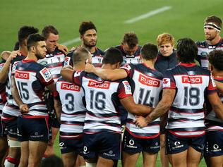 Super Rugby : Melbourne Rebels V Auckland Blues at AAMI Park, 23rd February, Melbourne Australia. Melbourne Rebels get together after the loss. Picture : George Salpigtidis