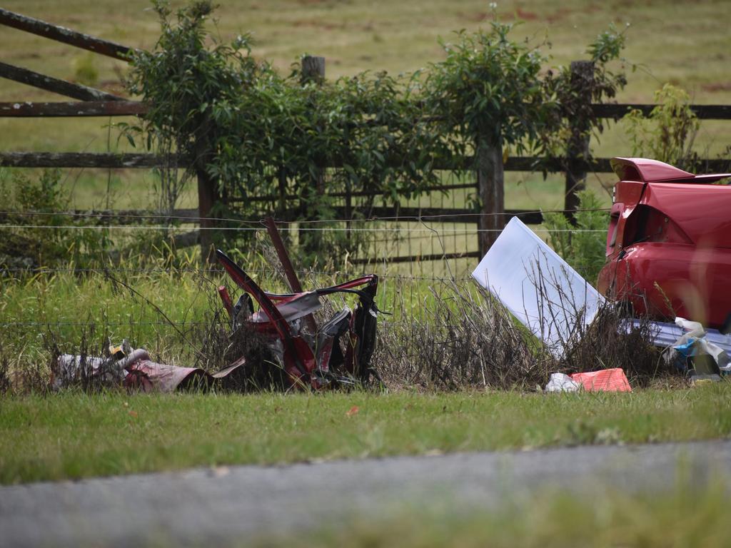 The scene of a single vehicle crash in which a red sedan Mitsubishi Lancer sedan crashed into a power pole on Rogans Bridge Rd north of Waterview Heights on Thursday, 18th February, 2021. Photo Bill North / The Daily Examiner