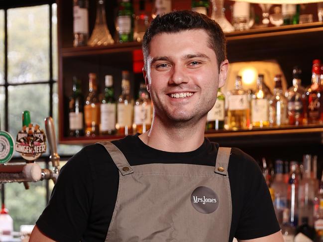 Pictured working at The Orient Hotel at The Rocks in Sydney is bartender William Birbeck.There is currently many numbers of jobs available for out of work young Australians.Picture: Richard Dobson