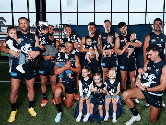 Mitch McGovern with kids Margot ( 3 years and 9 months), Hamish (1 year  11 months) and Addison (4 and a half months) Jack Silvagni Charlie (4 and a half months, Sam Docherty, Ruby (2 years old) and Myles (two weeks), Adam Saad and Nejmah (4 years old) Nyah (4 months old) **wasn’t in the photo but was there on the day, George Hewett with Henry (4 years old), Zac Williams with kids  Ayla (3 years old) and Beckham (3 months), Nic Newman with Audrey (3 and a half months, Patrick Cripps and Koda (10 months), Black Acres and Hugo (3 weeks and 3 days) and Orazio Fantasia with Sofia (3 weeks). Picture credit: Carlton Football Club