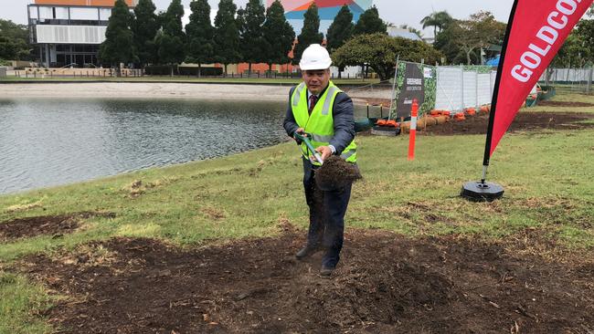 Mayor Tom Tate turns the first sod on the “green bridge” which will connect Chevron Island to the Gold Coast Cultural Precinct and Home of the Arts (HOTA) at Evandale last week. Picture: Andrew Potts