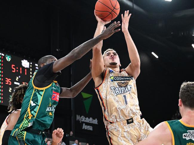 DJ Hogg and the Cairns Taipans silenced the JackJumpers crowd on Monday night. Picture: Steve Bell/Getty Images