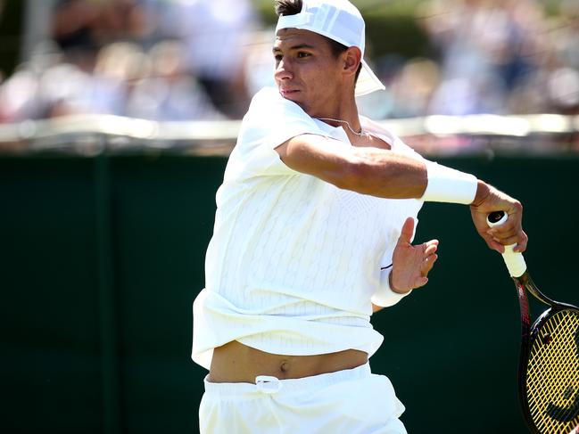 LONDON, ENGLAND - JUNE 27: Alexei Popyrin of Australia plays a forehand during his mens singles match against Bjorn Frantangelo of The united States during qualifying prior to The Championships, Wimbledon 2019 at Bank of England Sports Centre on June 27, 2019 in London, England. (Photo by Alex Pantling/Getty Images)