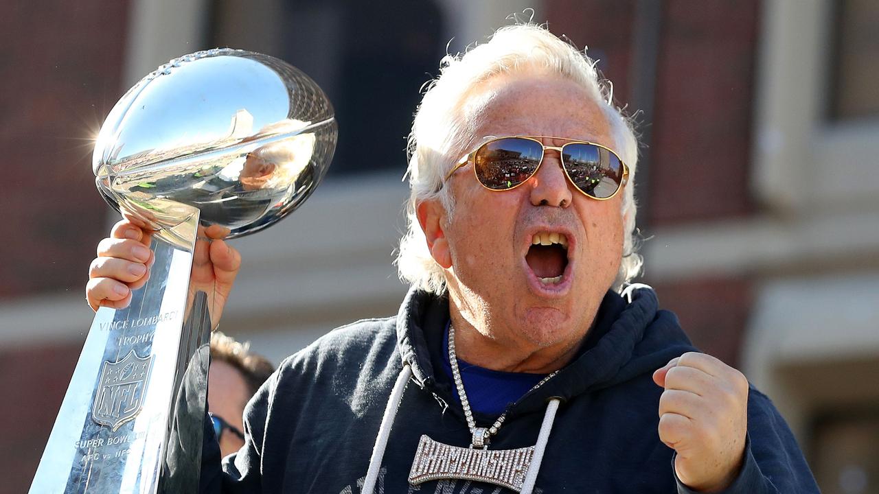 Patriots owner Robert Kraft celebrates on Cambridge street during the New England Patriots Victory Parade in Boston. Picture: Maddie Meyer/Getty Images