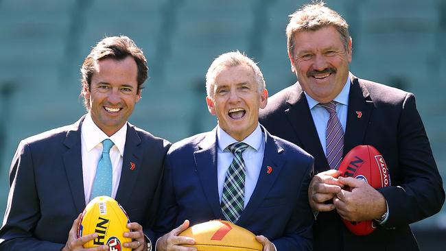 Channel 7 commentators Hamish McLachlan, Bruce McAvaney and Brian Taylor. Picture: Wayne Ludbey