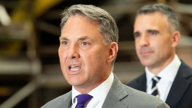 ADELAIDE/ KAURNA YARTA, AUSTRALIA - NewsWire Photos NOVEMBER 10, 2023: Acting Prime Minister Richard Marles and Premier of South Australia Peter Malinauskas at Osborne shipyard for a press conference about a land agreement to build AustraliaÃ¢â¬â¢s nuclear powered submarines. Picture: NCA NewsWire / Morgan Sette