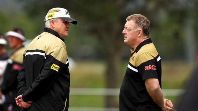 Anthony Griffin and Phil Gould in discussion at a Penrith Panthers’ training session in 2017.