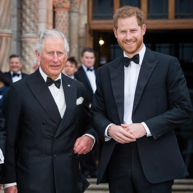 Charles and Prince Harry attend the Our Planet global premiere at Natural History Museum in 2019 in London.