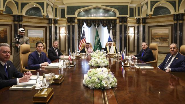 US Secretary of State Marco Rubio, second left, meets with Saudi Foreign Minister Prince Faisal bin Farhan Al Saud, Saudi National Security Adviser Mosaad bin Mohammad Al-Aiban, US National Security Adviser Mike Waltz, third left, US Middle East envoy Steve Witkoff, left, Russian Foreign Minister Sergei Lavrov, right, and Russian President Vladimir Putin's foreign policy adviser Yuri Ushakov, second right, at Diriyah Palace, in Riyadh. Picture: AP