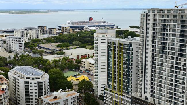 The Cunard cruise ship and the largest ship to visit Australia, the Queen Mary 2 along side at Fort Hill Wharf dwarfing the Darwin city skyline.