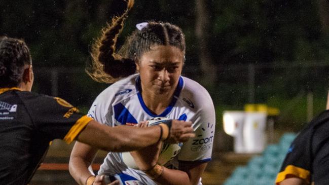 Monalisa Soliola runs hard at the line. Picture: Thomas Lisson. Harvey Norman Women's Premiership Grand Final, Leichhardt Oval, Saturday 29 April 2023, Canterbury Bulldogs vs Mounties