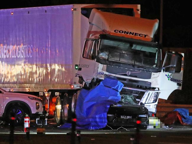 Emergency services at the scene of the fatal crash on the Eastern Freeway in Melbourne where four police officers died. Picture: Aaron Francis/The Australian