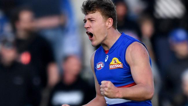 Jack Macrae reacts after kicking a goal.