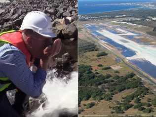 Councillor Jason O'Pray drinks PFAS-contaminated water while assuring the community it's safe to release into the ocean. Photos: View News Sunshine Coast/Contributed