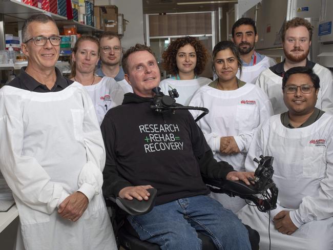 The AustralianNewsWorld-first human clinical trial to cure paralysis Professor James St John and his team in their lab. Present will also be Perry Cross, head of the spinal research foundation who helped them raise $5m for the trial. He became a C2 ventilated quadriplegic after a rugby accident in 1994.L-R in the Clem Jones centre for Neurobiology and Stem Cell ResearchJames St JohnAndrea StandkeJoshua InglesPerry CrossNegin Borzooee MoghadamJasmine KaurShah HussainJackson ElmsRonak Reshamwala