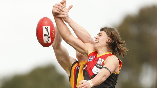 Southern FNL Div 1 football second-semi: Cheltenham v Dingley. Alex Windhager (Dingley) and Sean McLaren (Cheltenham). Picture: Valeriu Campan