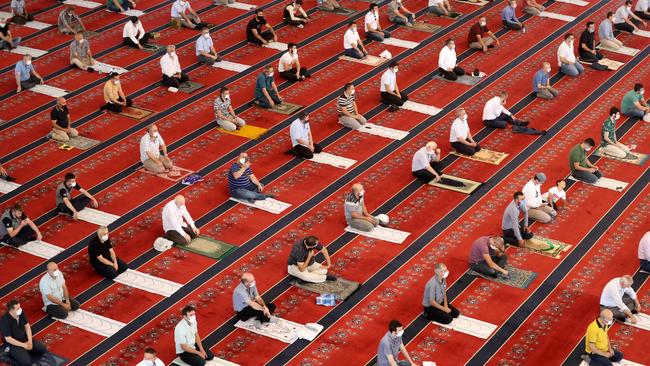 Socially distanced Muslims pray at Kocatepe Mosque in Turkey. Picture: AFP