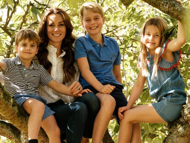 What a difference a year makes – Princess Catherine posted this photo to social media for Mother's Day 2023. Pictured: Prince Louis, Princess Kate, Prince George and Princess Charlotte. Picture: Matt Porteous/Kensington Royal/Twitter