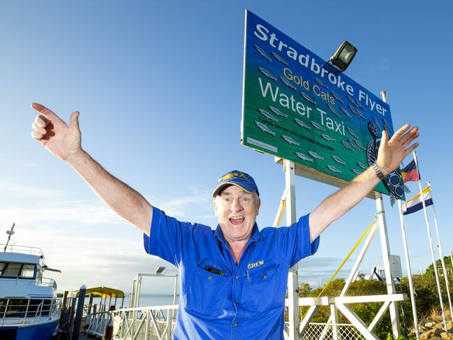 COVID-19 restrictions lifted to allow day trips to North Stradbroke Island. Stradbroke Flyer bus driver Willie Clarke celebrates at the Cleveland terminal. May 16, 2020. Picture: Renae Droop