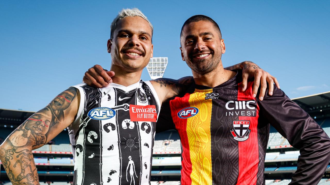 Bobby Hill (left) and Bradley Hill in Collingwood and St Kilda’s Indigenous jumpers ahead of Sir Doug Nicholls Round, which spans two weekends beginning on Thursday night with the clash between Sydney and Carlton. Picture: Dylan Burns / Getty Images