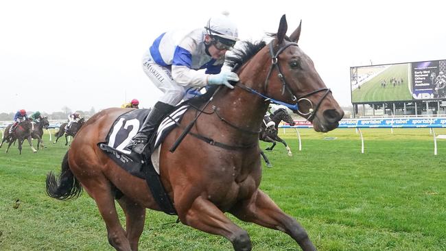 Little Jack and jockey Jason Maskiell have a great chance to complete a winning hat trick at Caulfield on Saturday. Picture: Racing Photos via Getty Images