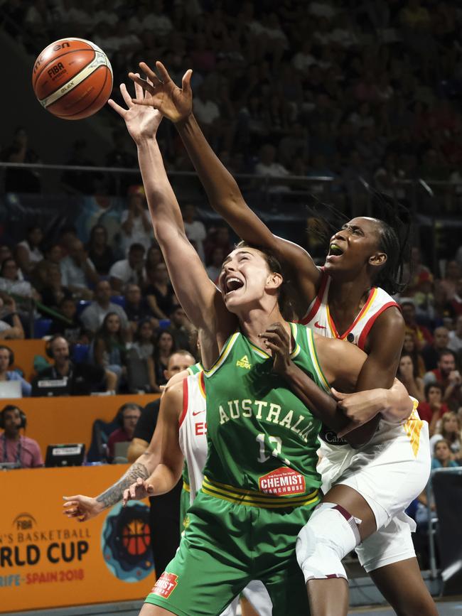 Alex Bunton of Australia collects a rebound with Astou Ndour of Spain during the Women's basketball World Cup semi final. Picture: AP Photo